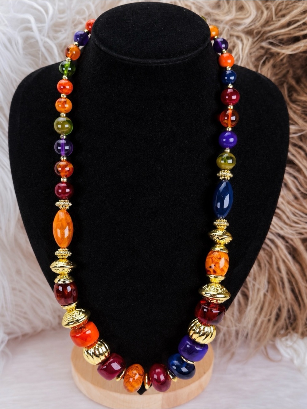 Beautiful goldtone, multicolored, long layering statement necklace.